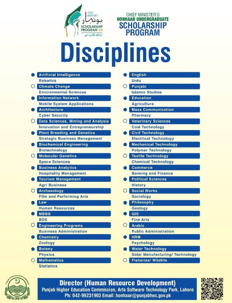 Eligible disciplines for honhaar scholarship 2024