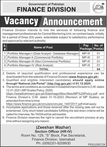 Finance Division Islamabad Jobs 