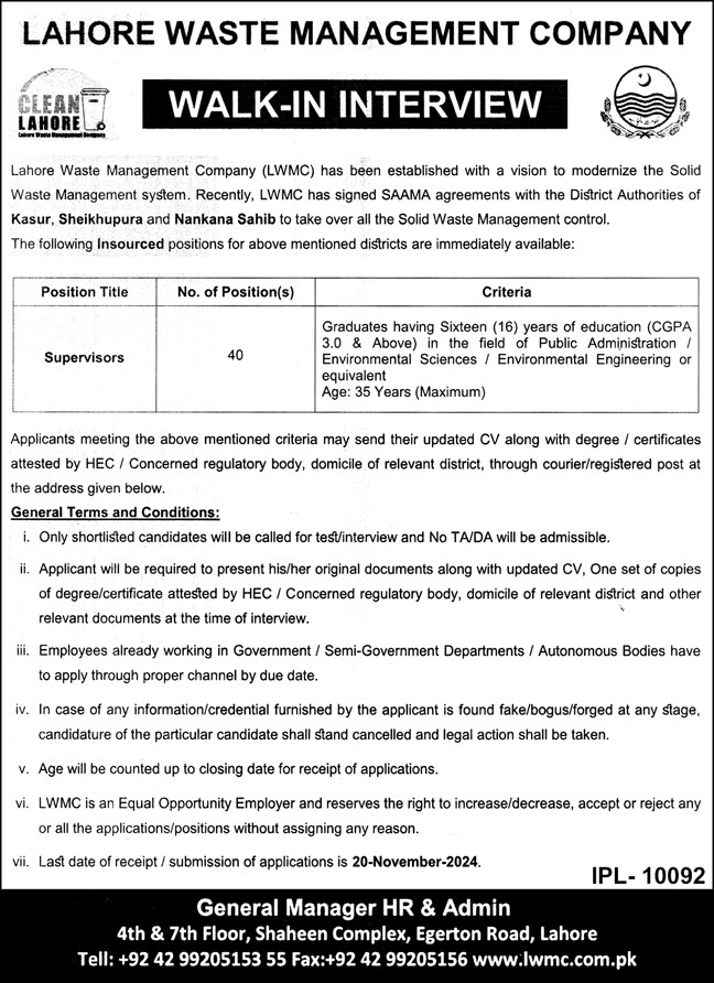 Lahore Waste Management Jobs