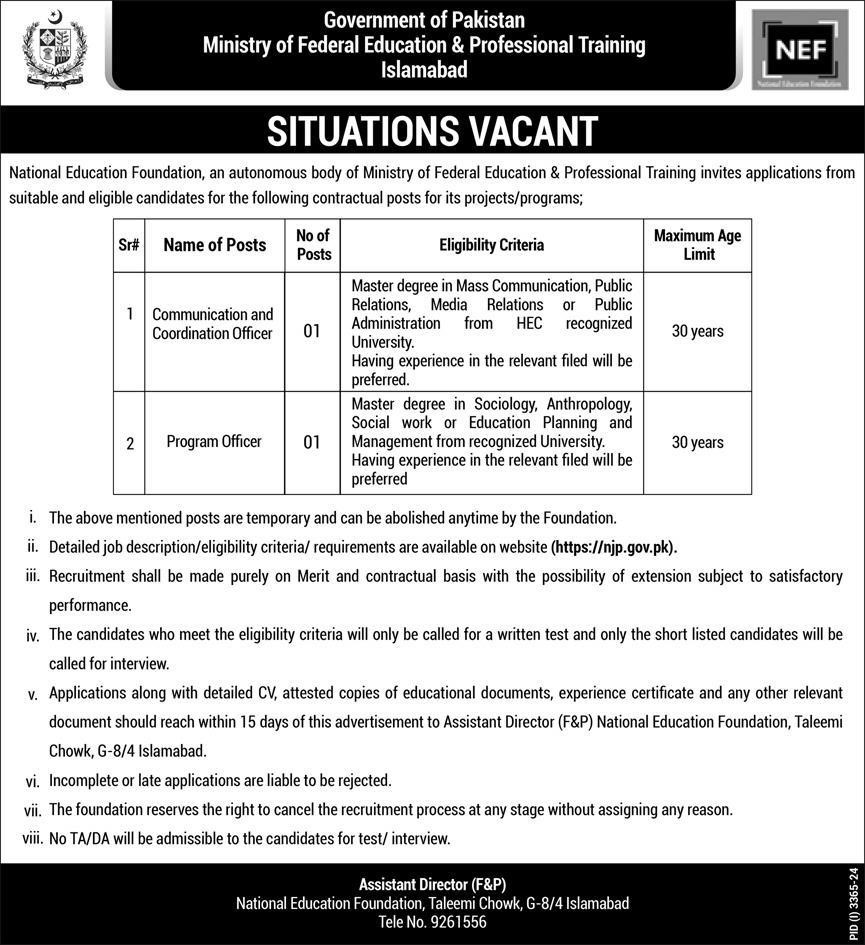 National Education Foundation Islamabad Jobs 